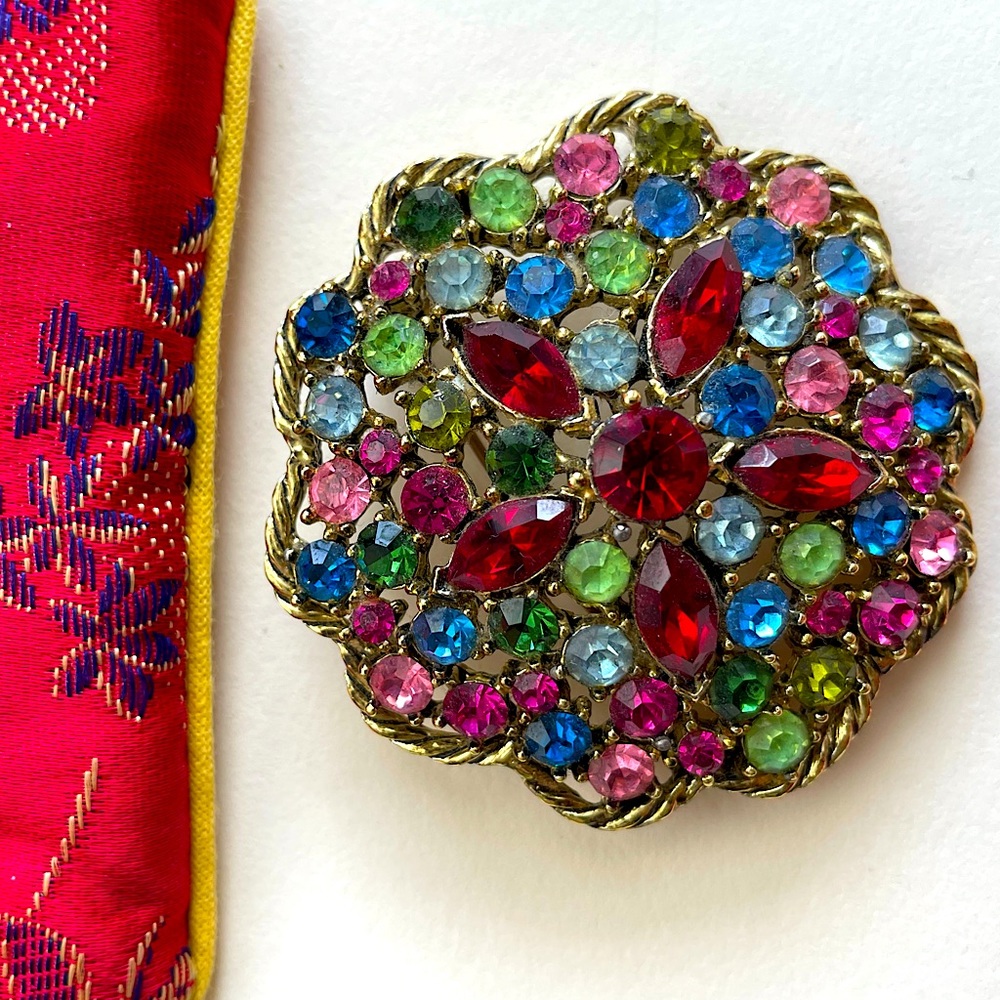 Weiss Multicolored Rhinestone pin, gold toned, large and domed